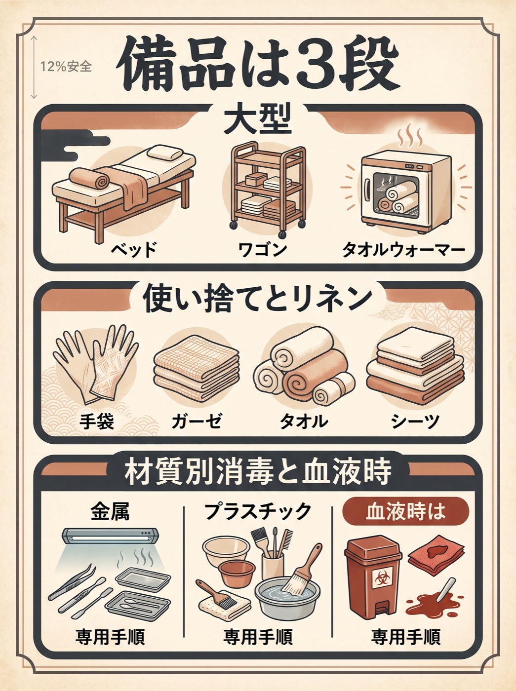 備品は大型・使い捨て・材質別消毒の3段で見る