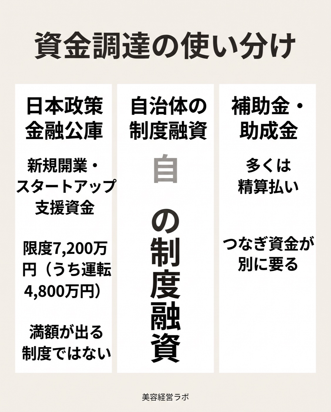 公庫・制度融資・補助金の使い分け図