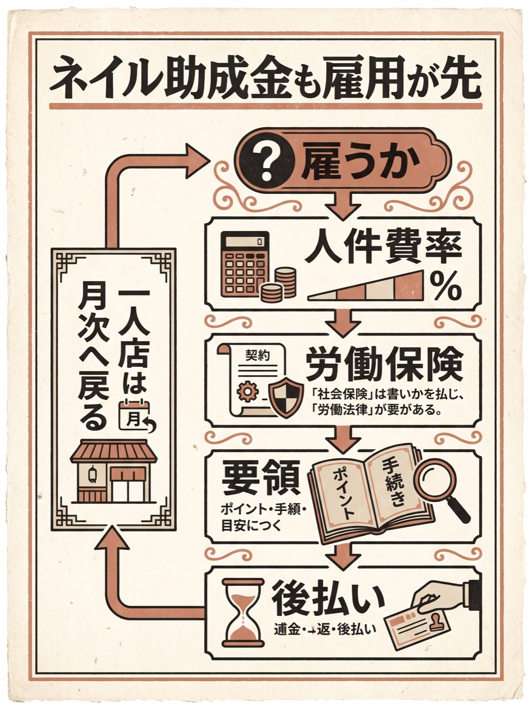 ネイル助成金も雇用が先。一人店は月次へ戻る