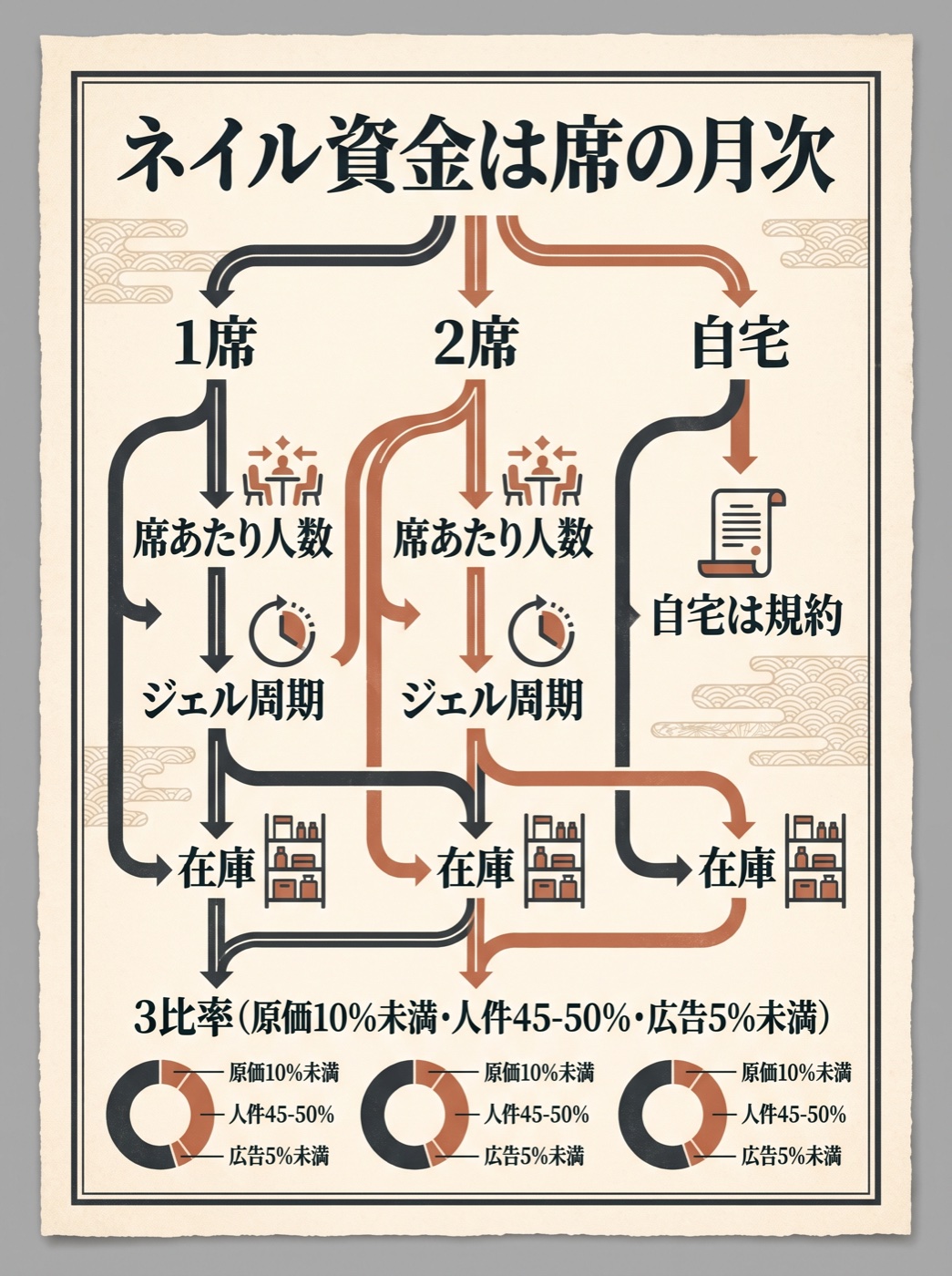 ネイル資金は席あたり月次。1席2席自宅で分岐