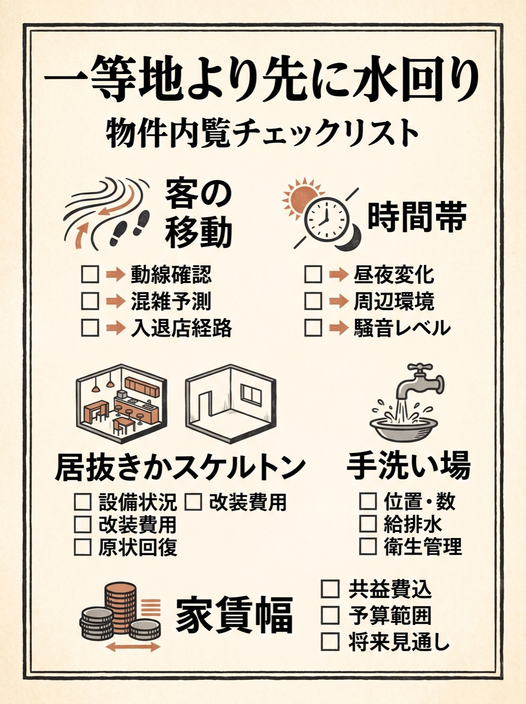 物件で客の移動手段と時間帯と水回りを先に見る流れ