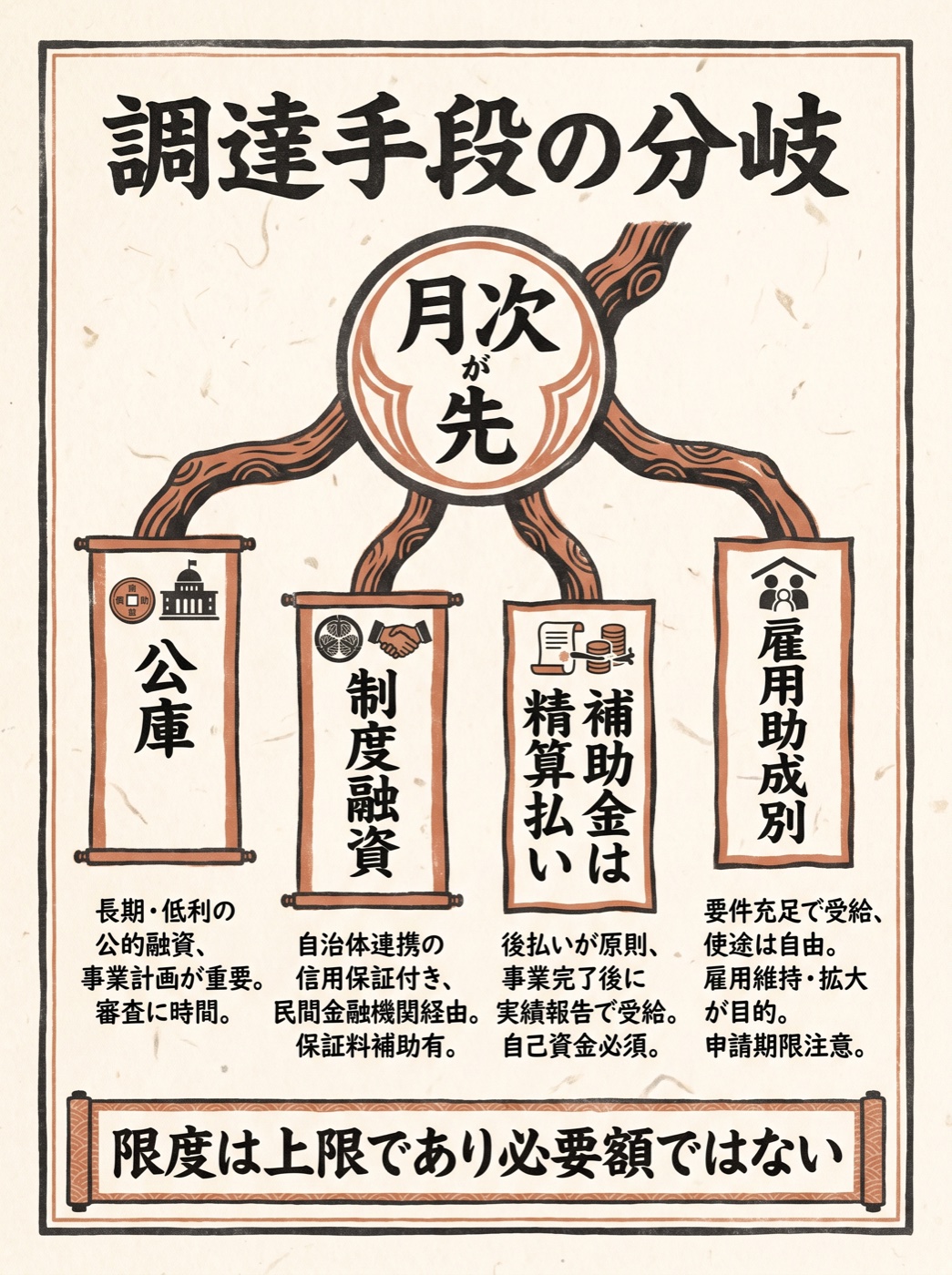 資金調達の分岐。公庫、制度融資、補助金、雇用助成。限度額は上限